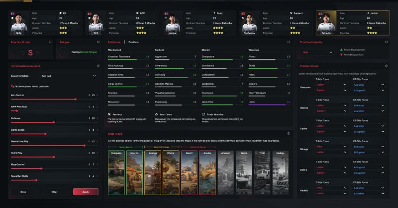 Rush B esports manager - player development and attribute progression screen