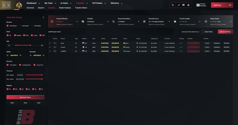 Rush B esports manager - scouting network and player discovery