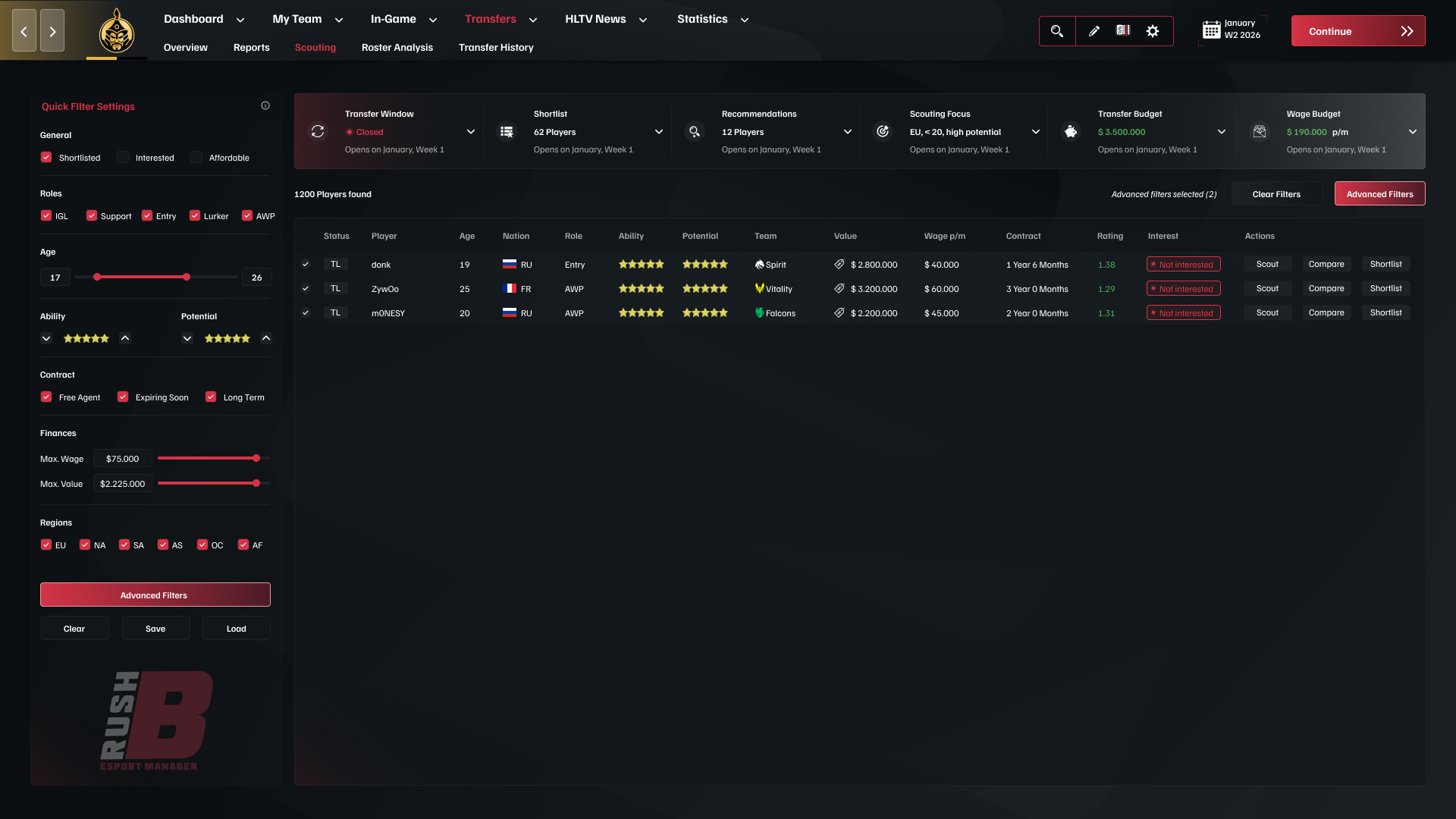 Transfer market and scouting interface with player evaluations